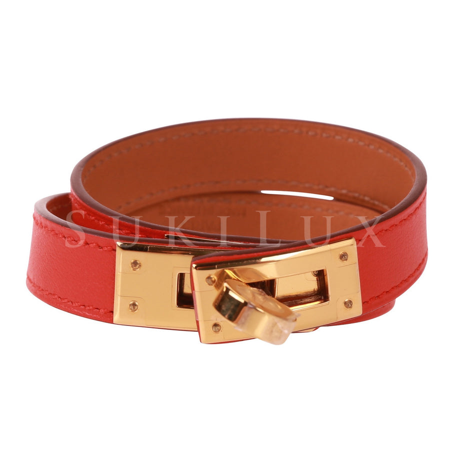 Hermès Kelly Double Tour Leather Bracelet Red Gold Hardware
