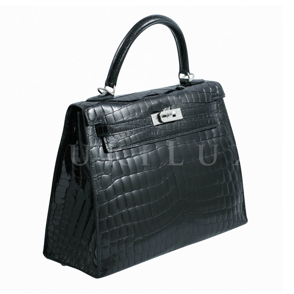Hermès Kelly 25cm Sellier Crocodile Shiny Nilo Noir 89 Palladium Hardware
