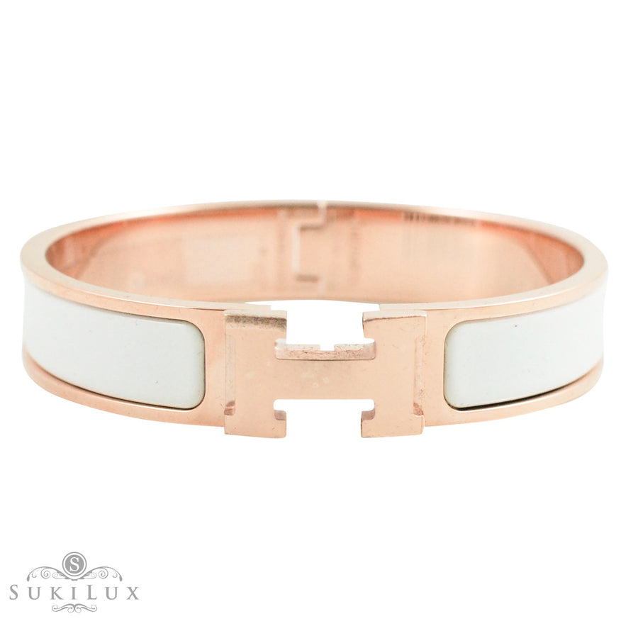 Hermès Clic Clac H Narrow Enamel Bracelet White Rose Gold Hardware