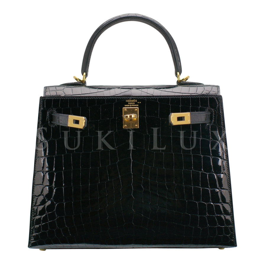 Hermès Kelly 25cm Sellier Crocodile Shiny Nilo Noir 89 Gold Hardware