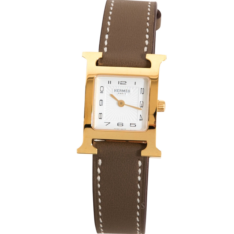Hermès Heure H Watch PM Gold Plated Etoupe Epsom Leather Strap