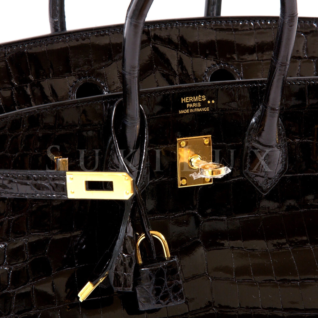 Hermès Birkin 25cm Crocodile Shiny Nilo Noir 89 Gold Hardware