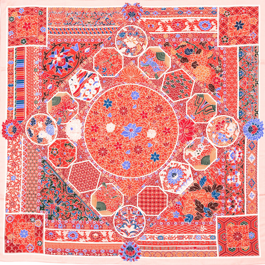 Hermès Cashmere and Silk Shawl 140cm Collections Imperiales Rose Pale/Corail/ Bleu
