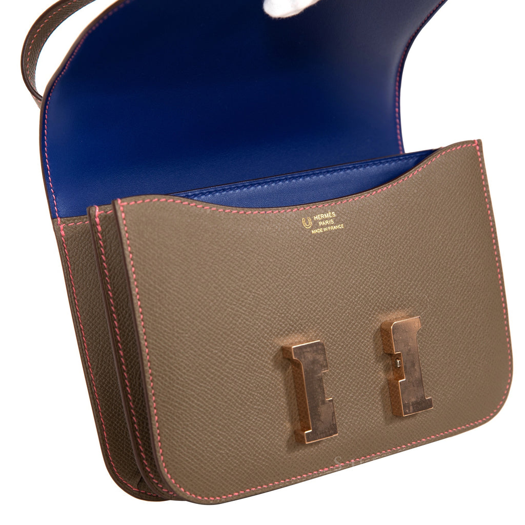 Hermès Constance III Mini 18cm Veau Epsom Gris/7T Bleu Electric Bi-Color Rosegold Hardware