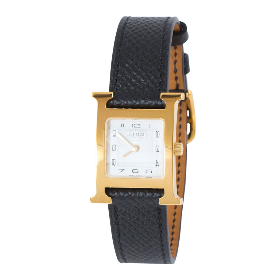 Hermès Heure H Watch PM Gold Plated Black Epsom Strap