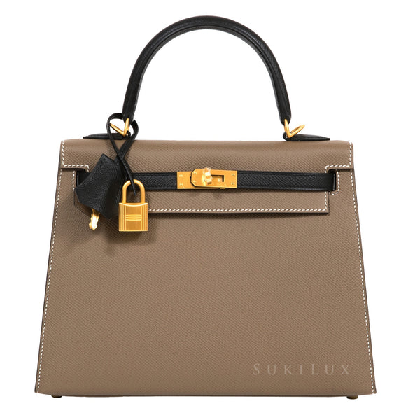 Hermès Kelly 28cm Sellier Veau Epsom Noir 89/Etoupe 18 Bi-Color Gold H –  SukiLux