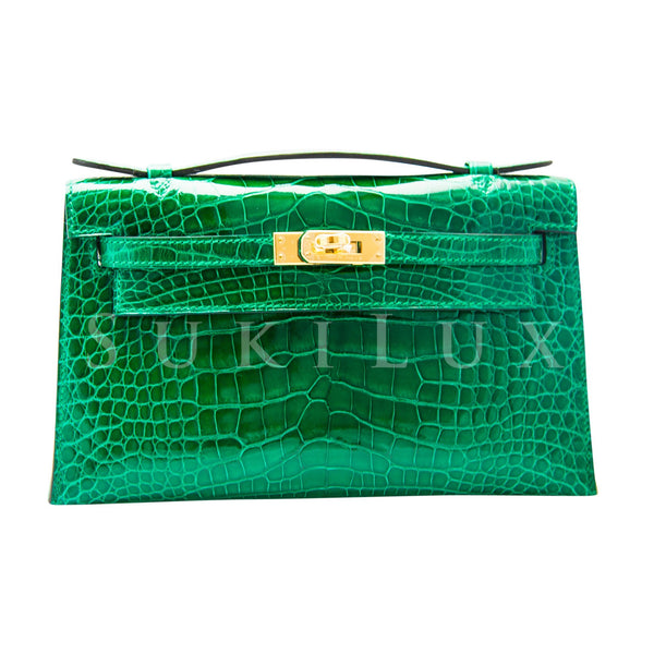 Hermès MiniKelly Pochette Crocodile Shiny Alligator Cactus Gold Hardwa –  SukiLux