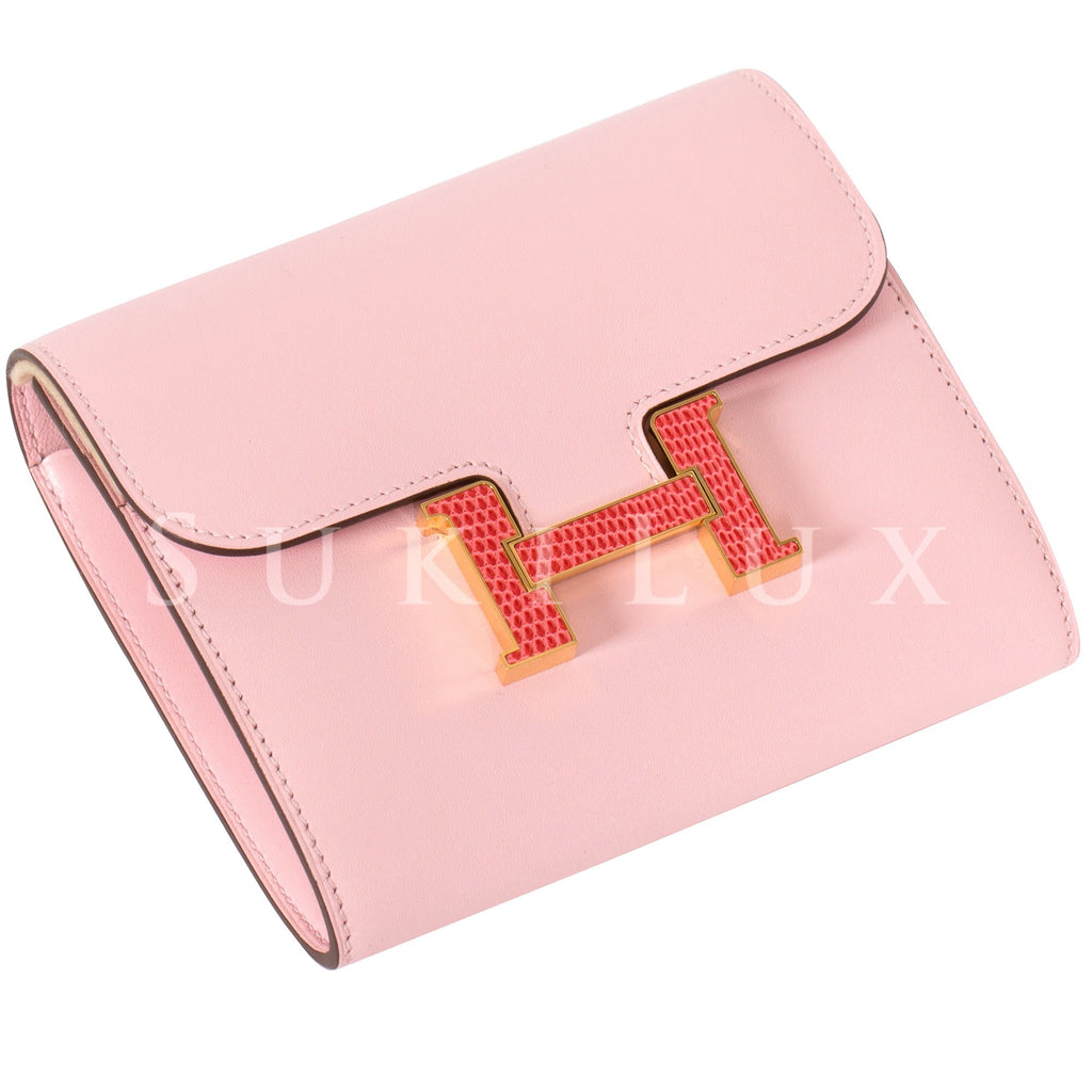 Hermès Constance Compact Wallet Rose Sakura 3Q Gold Lizard Hardware