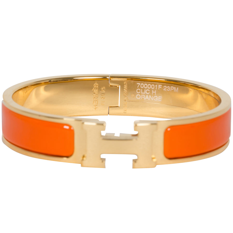 Hermès Clic Clac H Narrow Enamel Bracelet Orange Gold Hardware