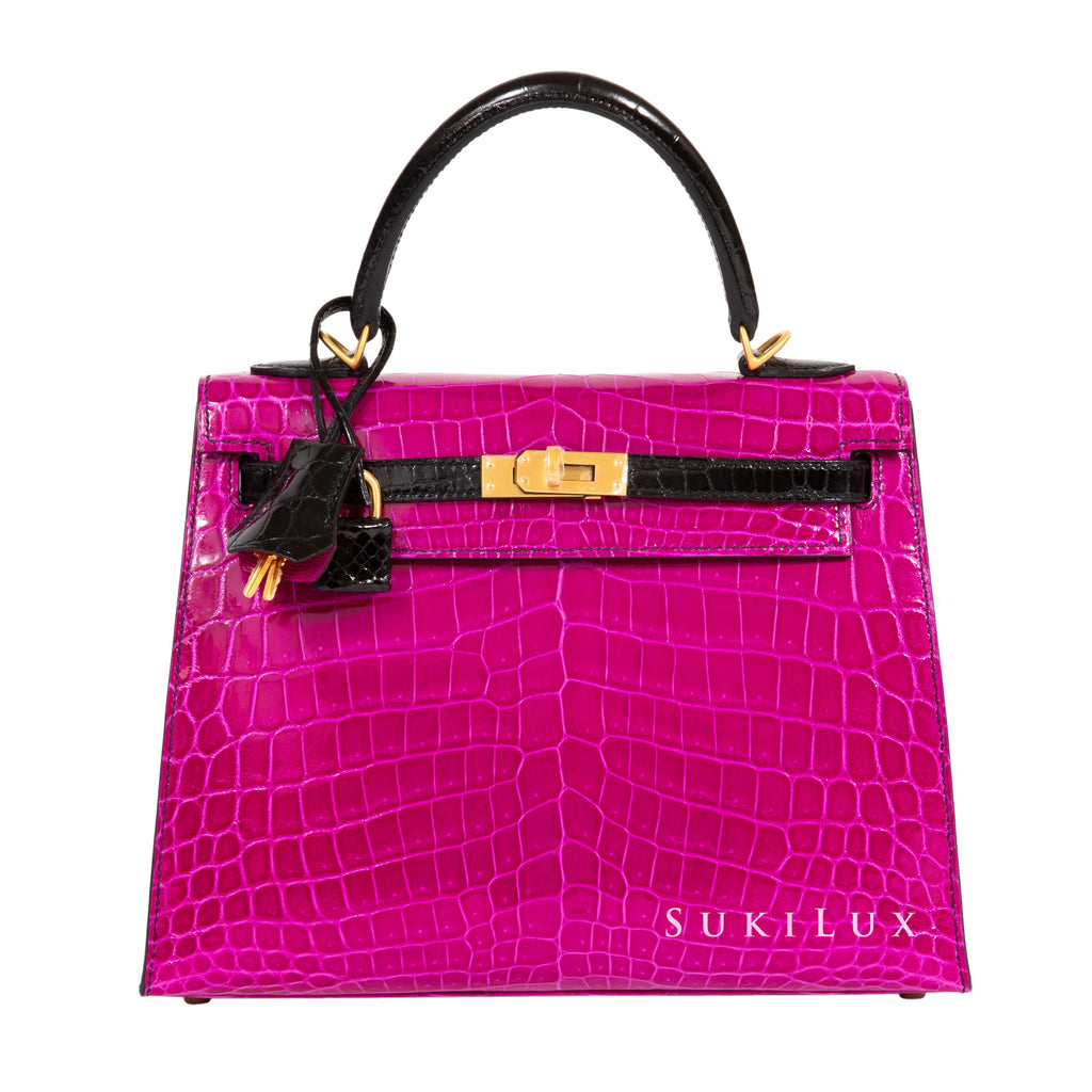 Hermes Kelly 25 Sellier Rose Scheherazade Niloticus Lisse Shiny Gold  Hardware #D - Vendome Monte Carlo