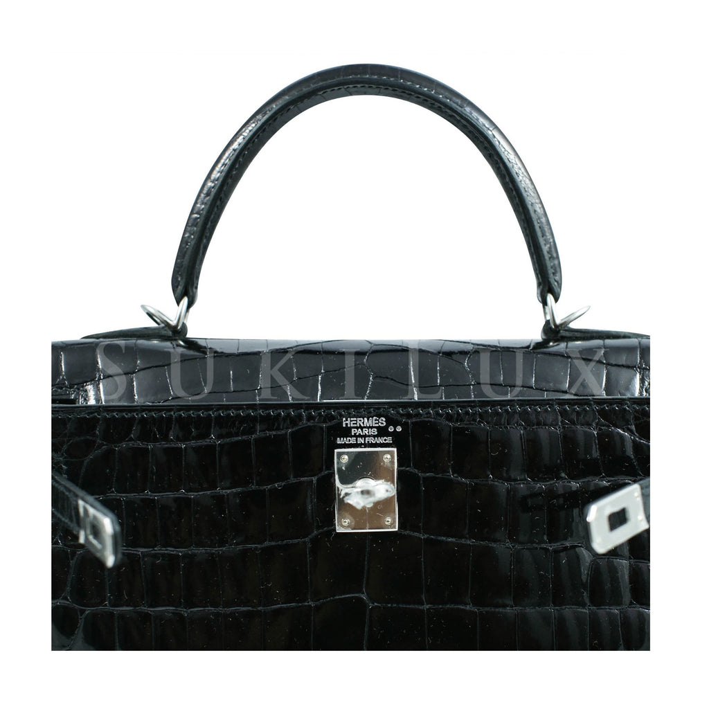 Hermès Kelly 25cm Sellier Crocodile Shiny Nilo Noir 89 Palladium