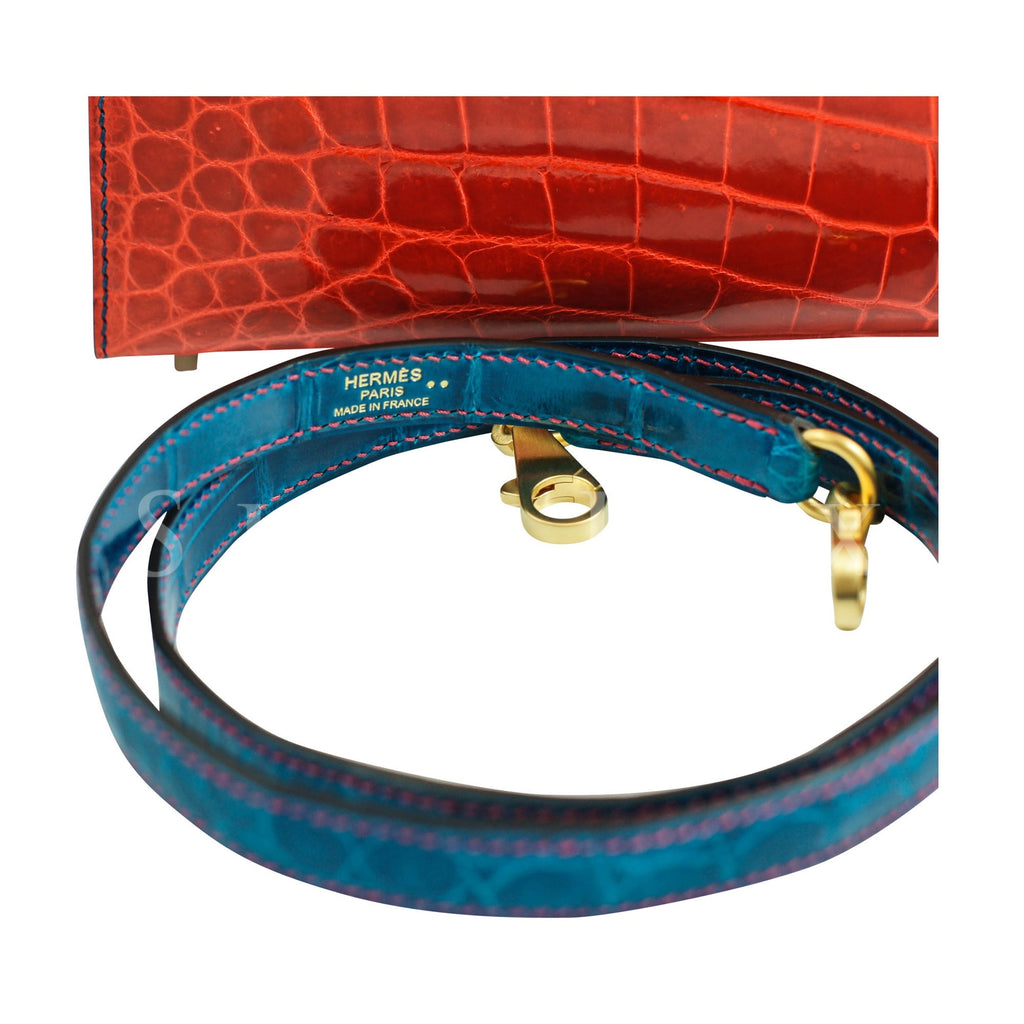 Hermès Kelly 28cm Sellier Crocodile Shiny Nilo D5 Geranuim/7W Bleu Izmir Bi-color Gold Hardware
