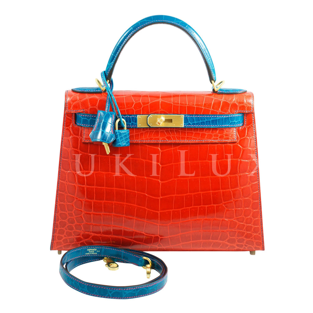 Hermès Kelly 28cm Sellier Crocodile Shiny Nilo D5 Geranuim/7W Bleu Izmir Bi-color Gold Hardware