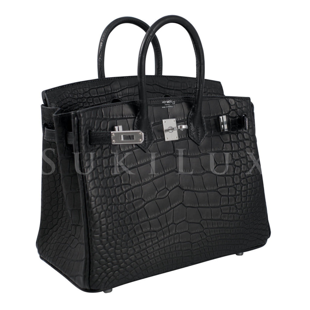 Hermes Birkin 25 Black Matte Alligator Bag Gold Hardware