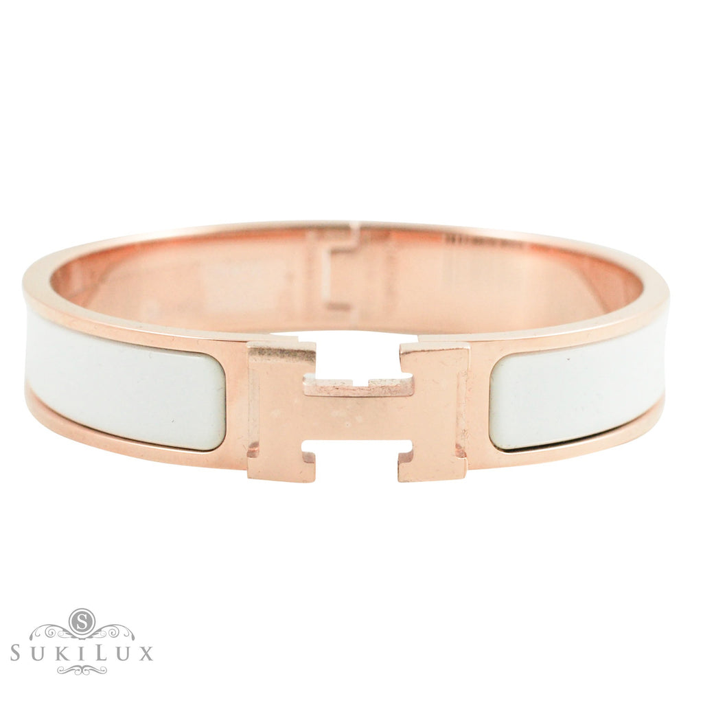 Hermès Clic Clac H Narrow Enamel Bracelet White Rose Gold Hardware, PM / White