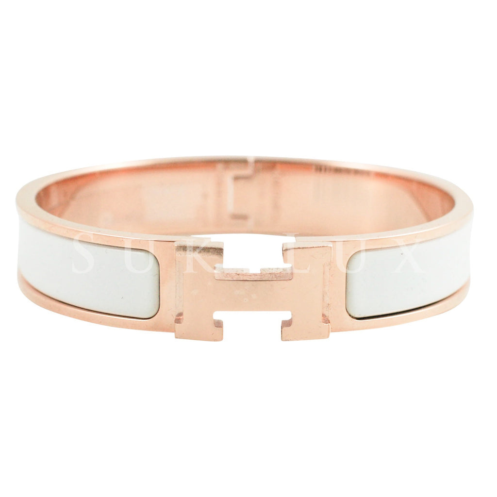 Hermès Clic Clac H Narrow Enamel Bracelet White Rose Gold Hardware