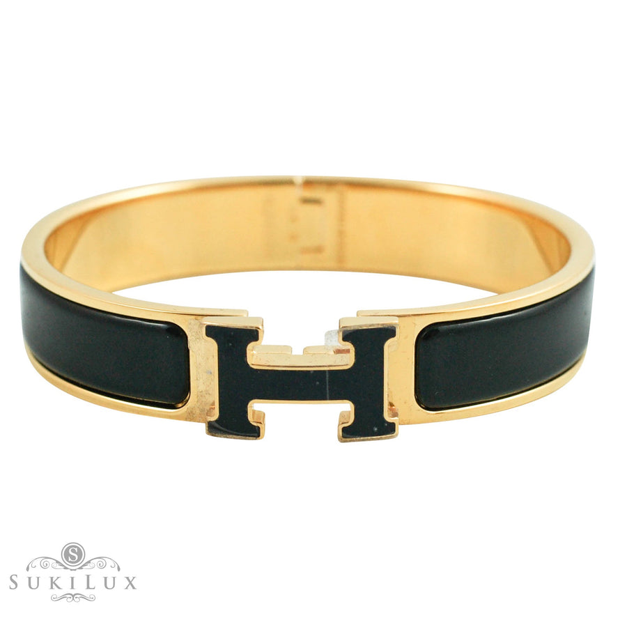 Hermès Clic Clac H Narrow Noir Enamel Bracelet Gold Hardware