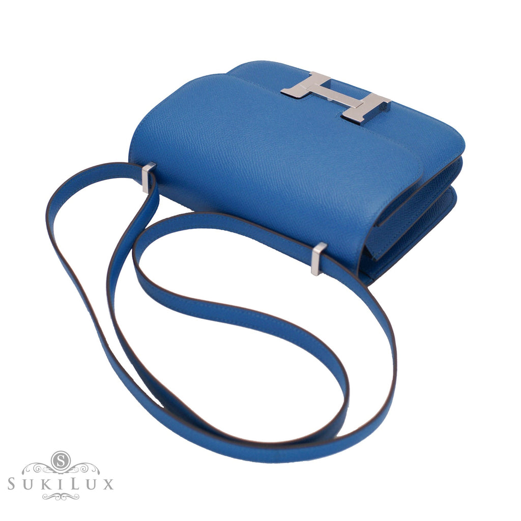 Hermes 23cm Blue Paon Epsom Leather Double Gusset Verso Constance
