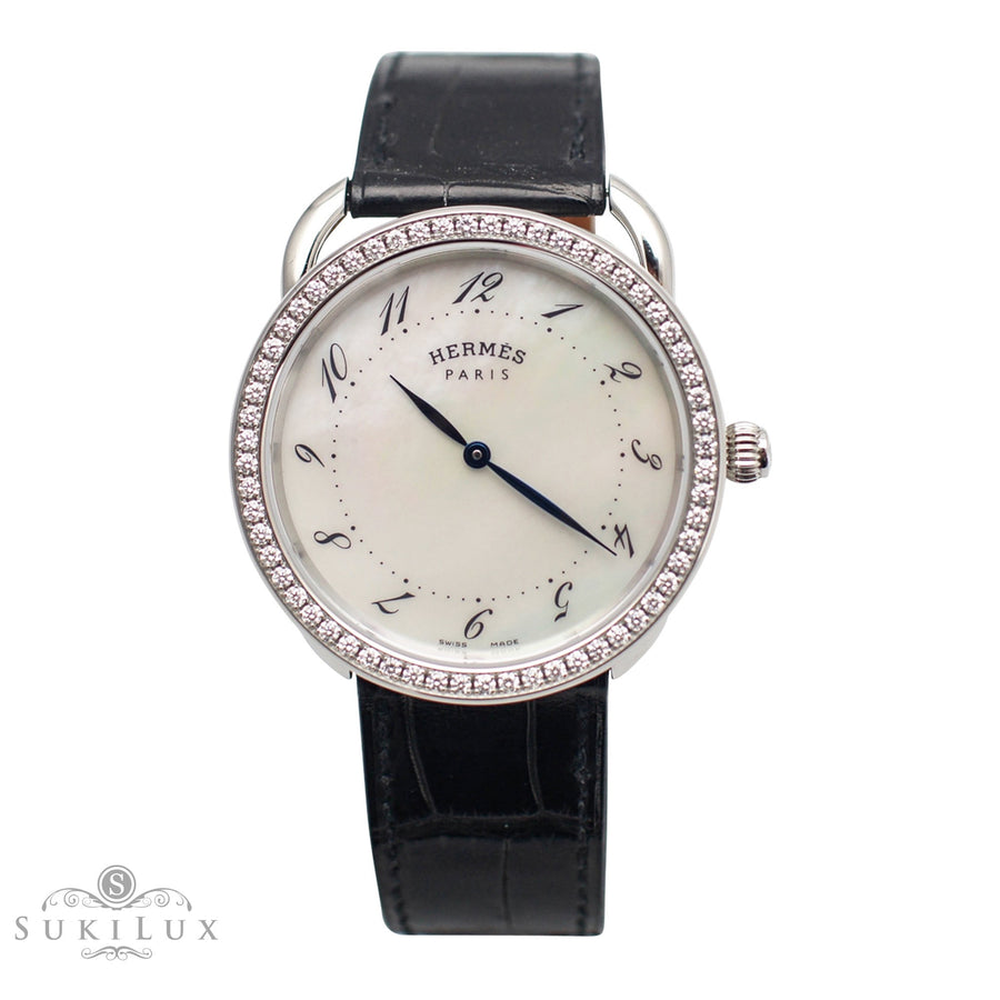 Hermès Arceau Diamond Bezel Watch GM - Stainless Steel/ Black Alligator Strap