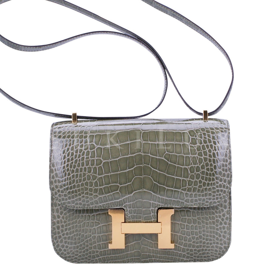 Hermès Constance III Mini 18cm Crocodile Shiny Nilo 81 Gris Tourterelle Gold Hardware