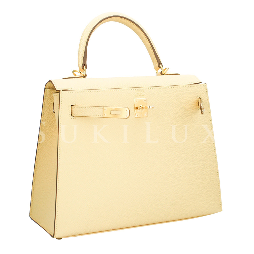 Hermès Kelly 25cm Sellier Veau Epsom 1Z Jaune Poussin Gold
