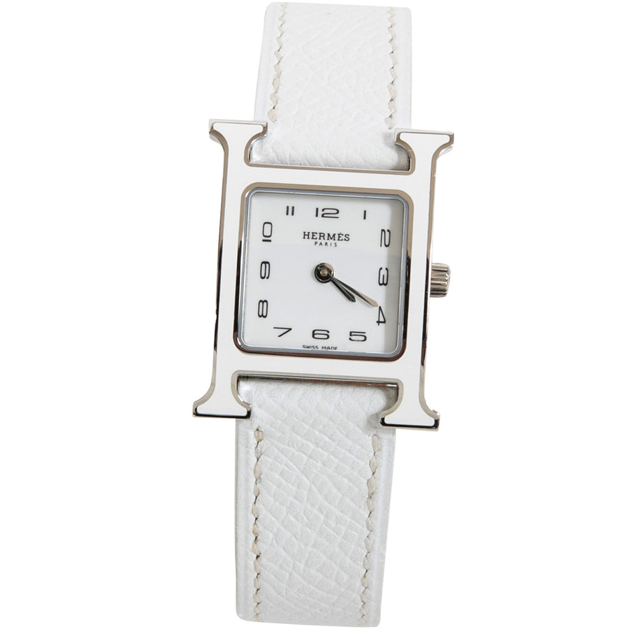 Hermès Heure H Watch PM White Enamel Epsom Leather Strap