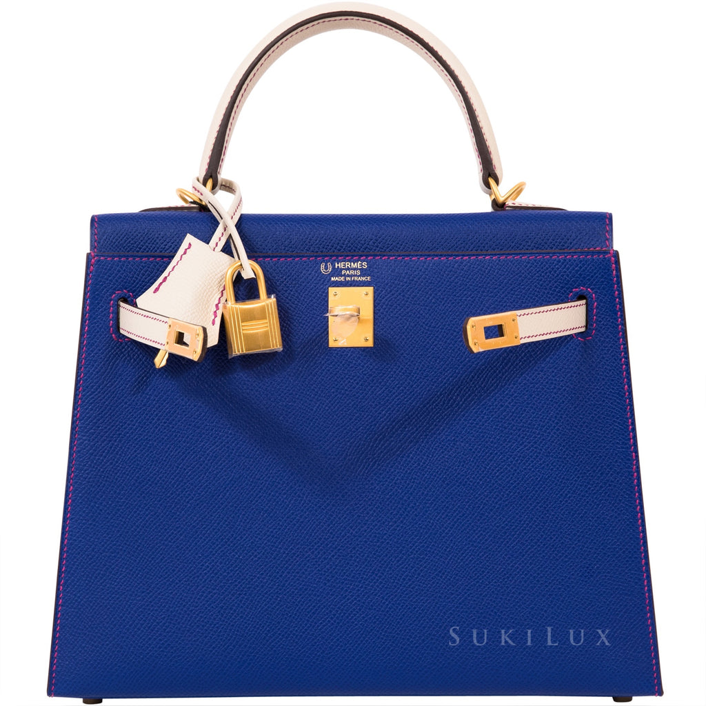 Hermès Kelly 25cm Sellier Veau Epsom 7T Bleu Electric/Craie 10 Bi-color Gold Hardware
