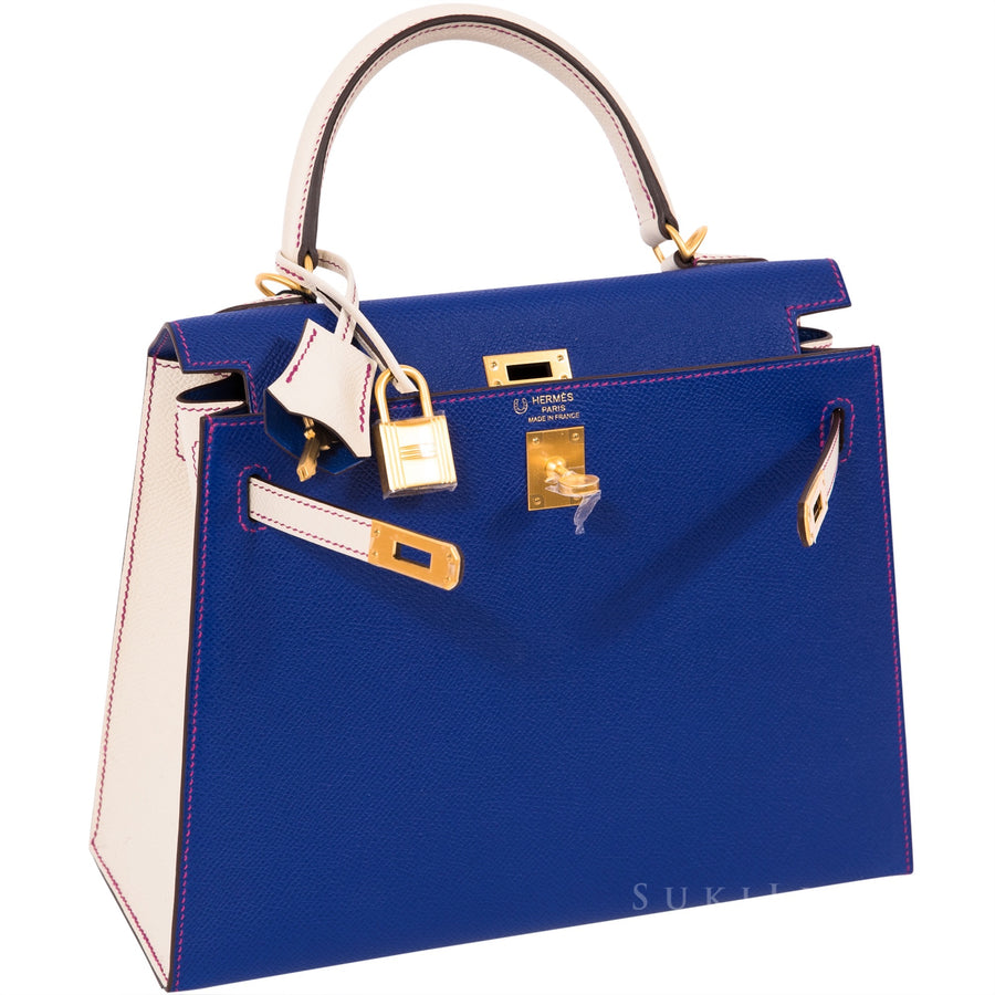 Hermès Kelly 25cm Sellier Veau Epsom 7T Bleu Electric/Craie 10 Bi-color Gold Hardware