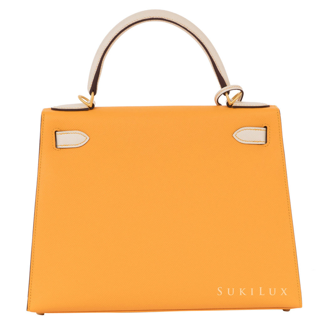 Hermès Kelly 28cm Sellier Veau Epsom 10 Craie/9V Jaune d'or Bi-Color Gold Hardware