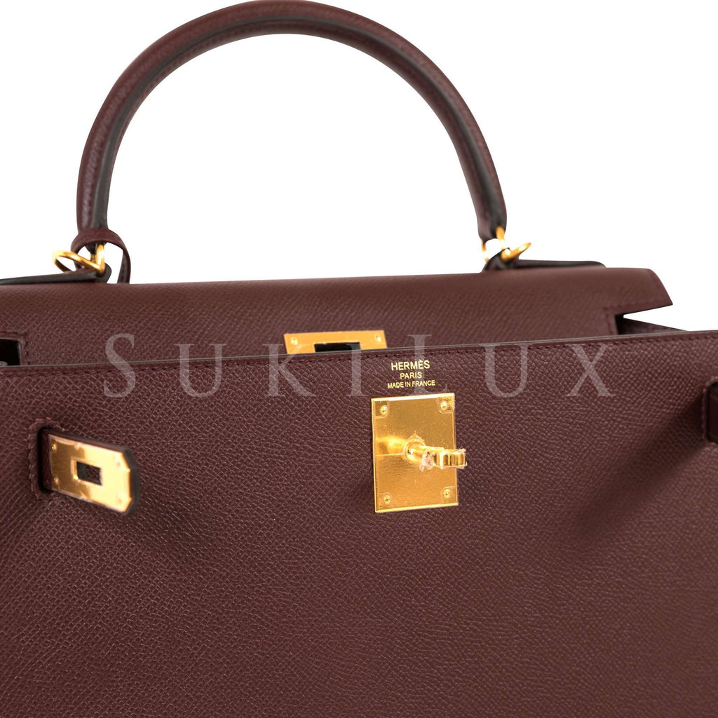 Hermès Kelly 25cm Sellier Veau Epsom Bordeaux 57 Rosegold Hardware – SukiLux