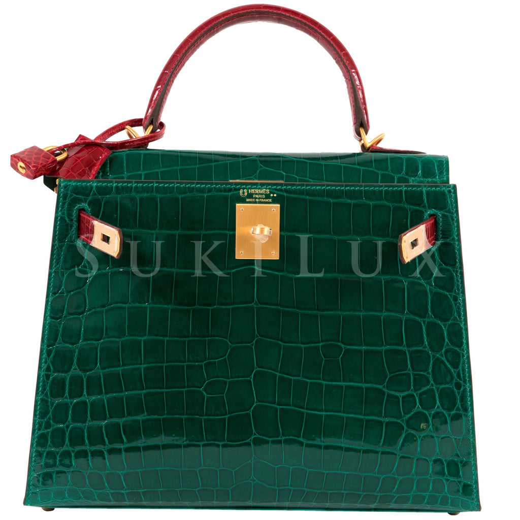 Hermès Kelly 28cm Sellier Crocodile Shiny Nilo Braise 95 Alligator Emeralde Green 6Q Bi-color Gold Hardware