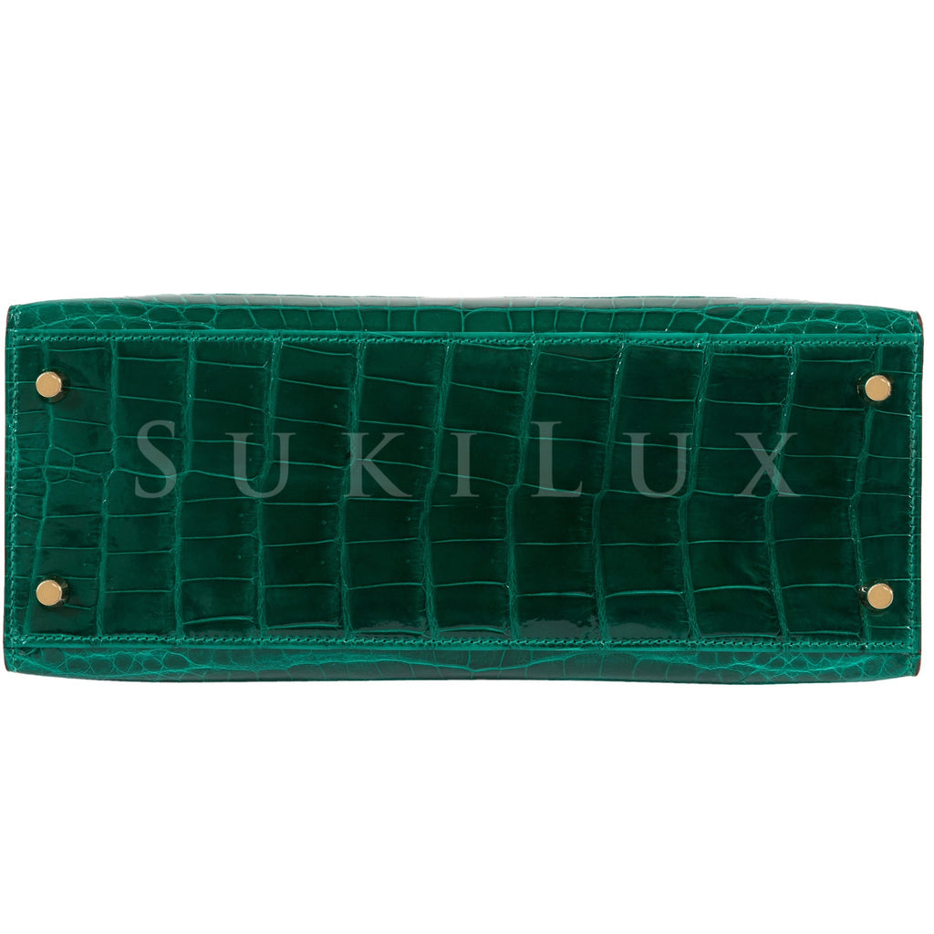 Hermès Kelly 28cm Sellier Crocodile Shiny Nilo Braise 95 Alligator Emeralde Green 6Q Bi-color Gold Hardware