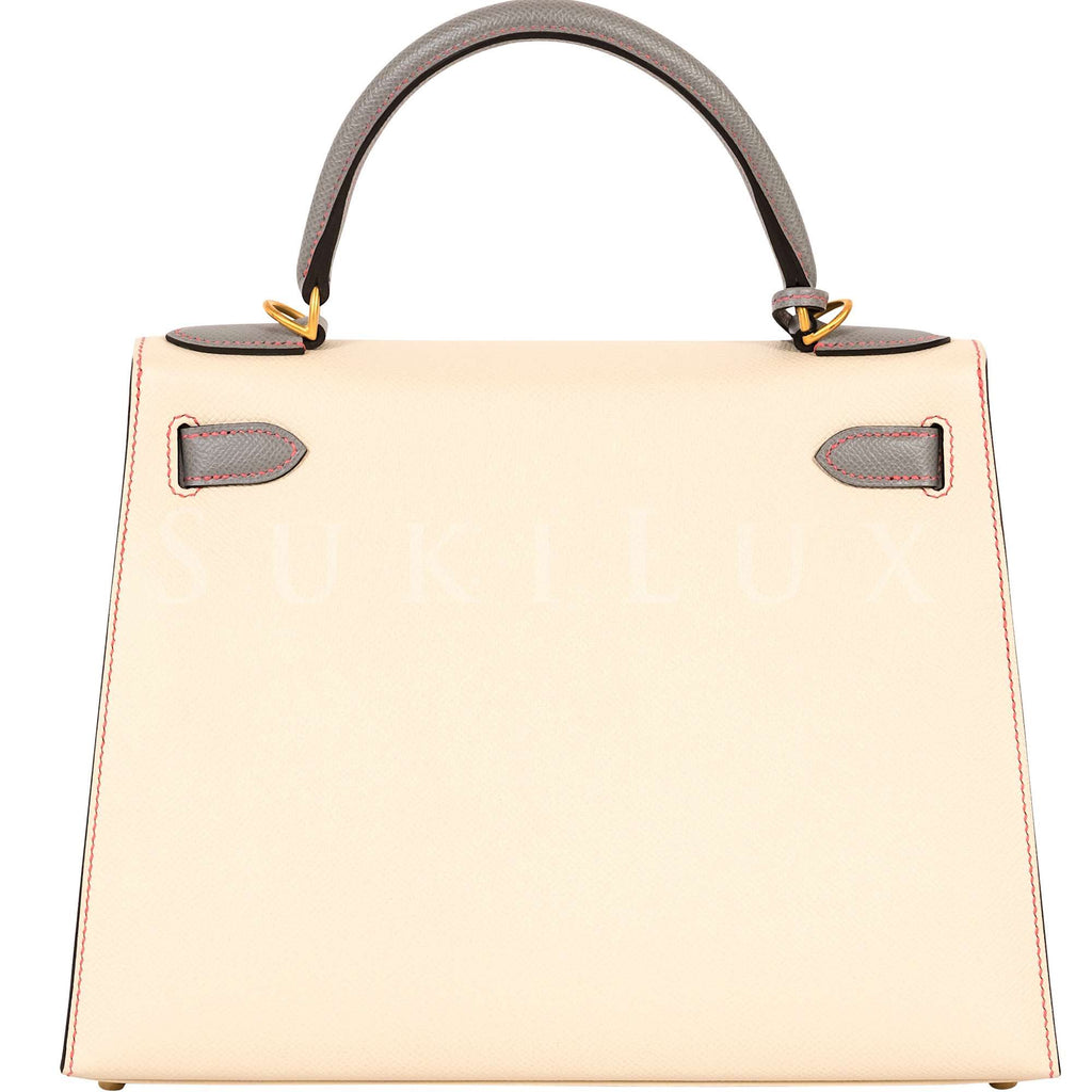 Hermès Kelly 28cm Sellier Veau Epsom Craie 10/4Z Girs Mouette Bi-Color Gold Hardware
