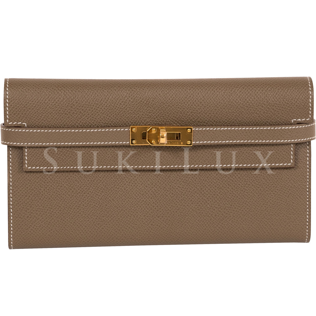 Hermes Bearn Compact Wallet Etoupe Gold Hardware Epsom Leather For