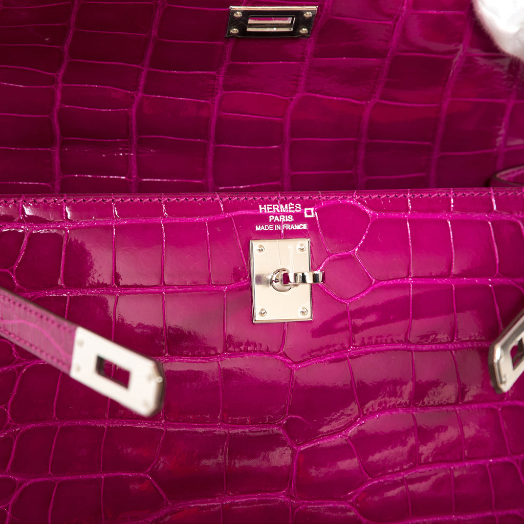 Hermès Kelly 28cm Sellie Crocodile Allligator Missi Lisse J5 Rose Sheherazade Palladium Hardware