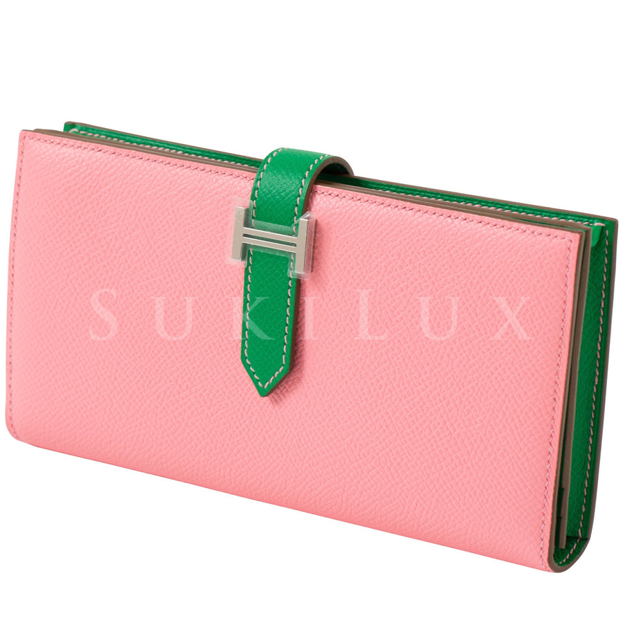 Hermès Bearn Wallet Rose Confetti 1Q Bamboo Green 1k Epsom Leather Palladium Hardware