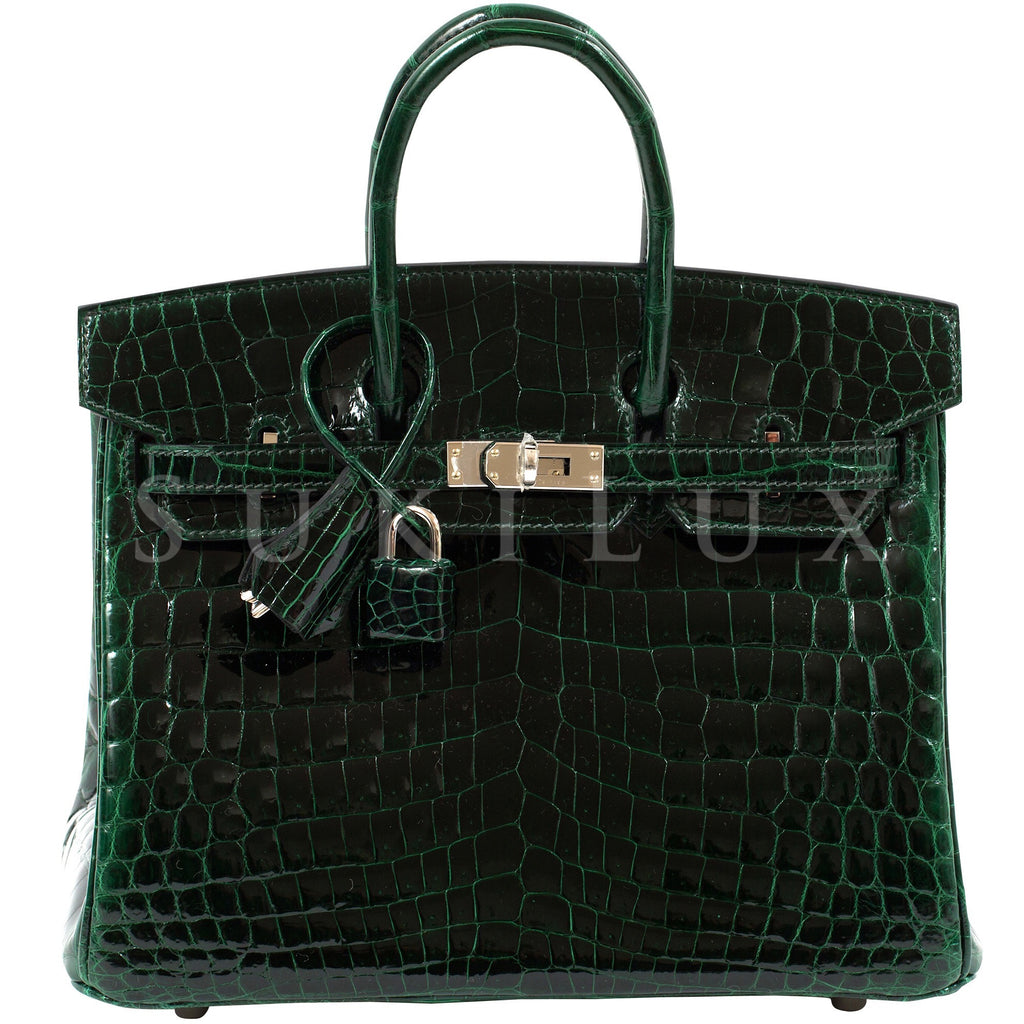 Hermès Birkin 25cm Crocodile Shiny Nilo 67 Vert Fonce Palladium Hardware