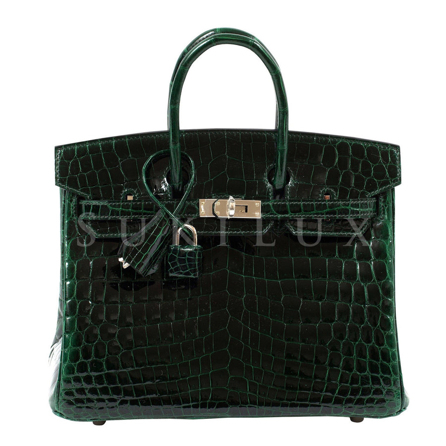 Hermès Birkin 25cm Crocodile Shiny Nilo 67 Vert Fonce Palladium Hardware