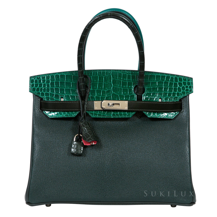 Hermès Birkin 30cm Crocodile Patchwork Emerald Green Rose Azalee Palladium Hardware