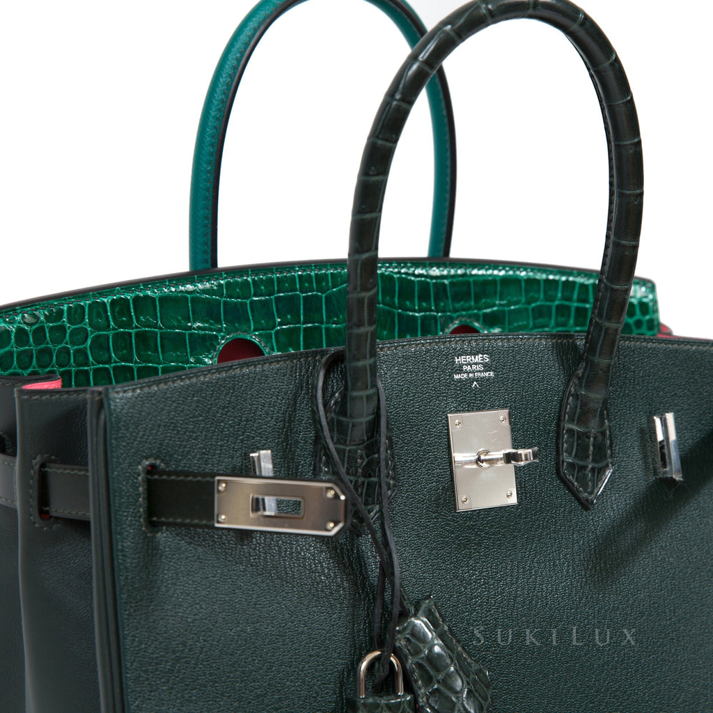 Hermes Birkin 35 Bag Emerald Porosus Crocodile with Palladium Hardware