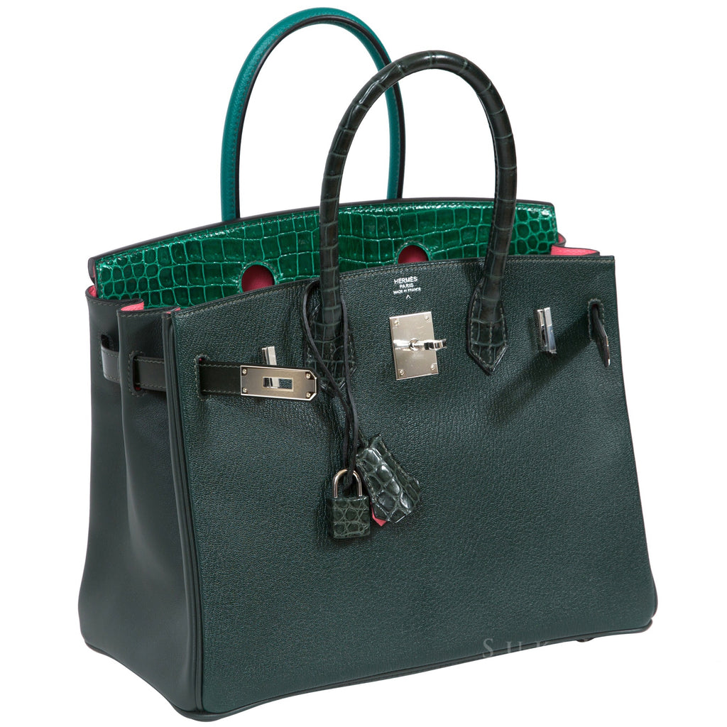 Hermès Birkin 30cm Crocodile Patchwork Emerald Green Rose Azalee Palla –  SukiLux