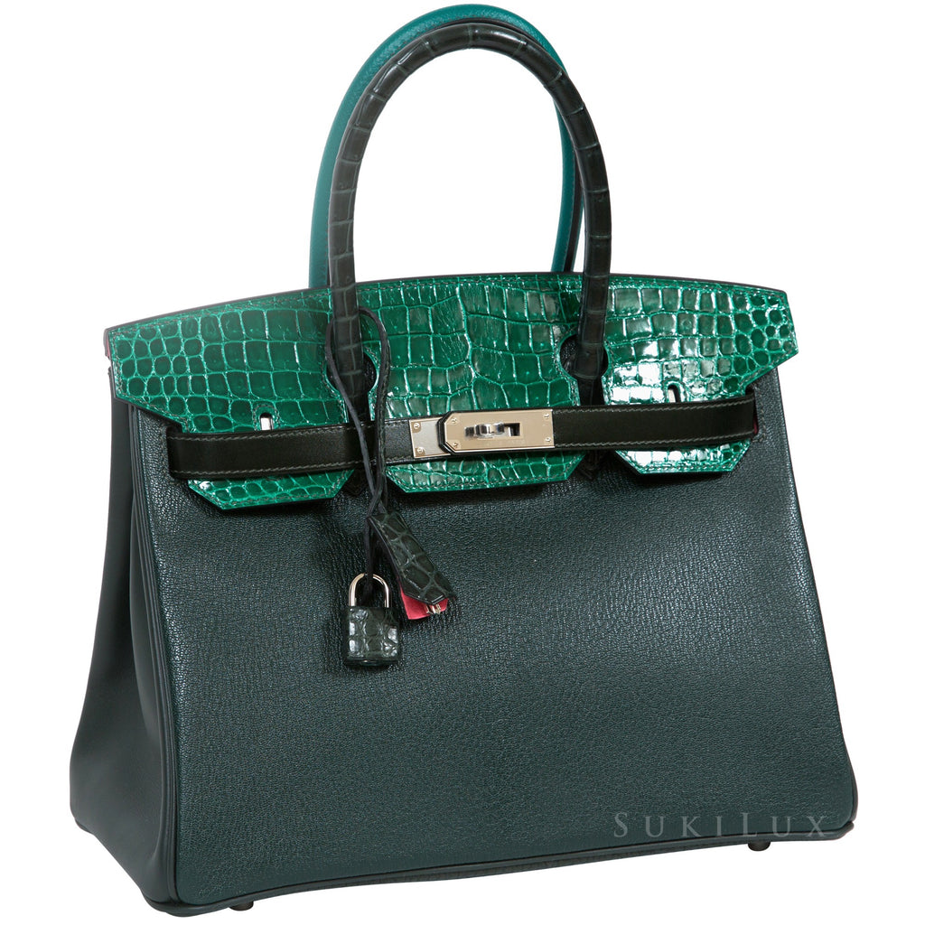 Hermès Birkin 30cm Crocodile Patchwork Emerald Green Rose Azalee Palla –  SukiLux