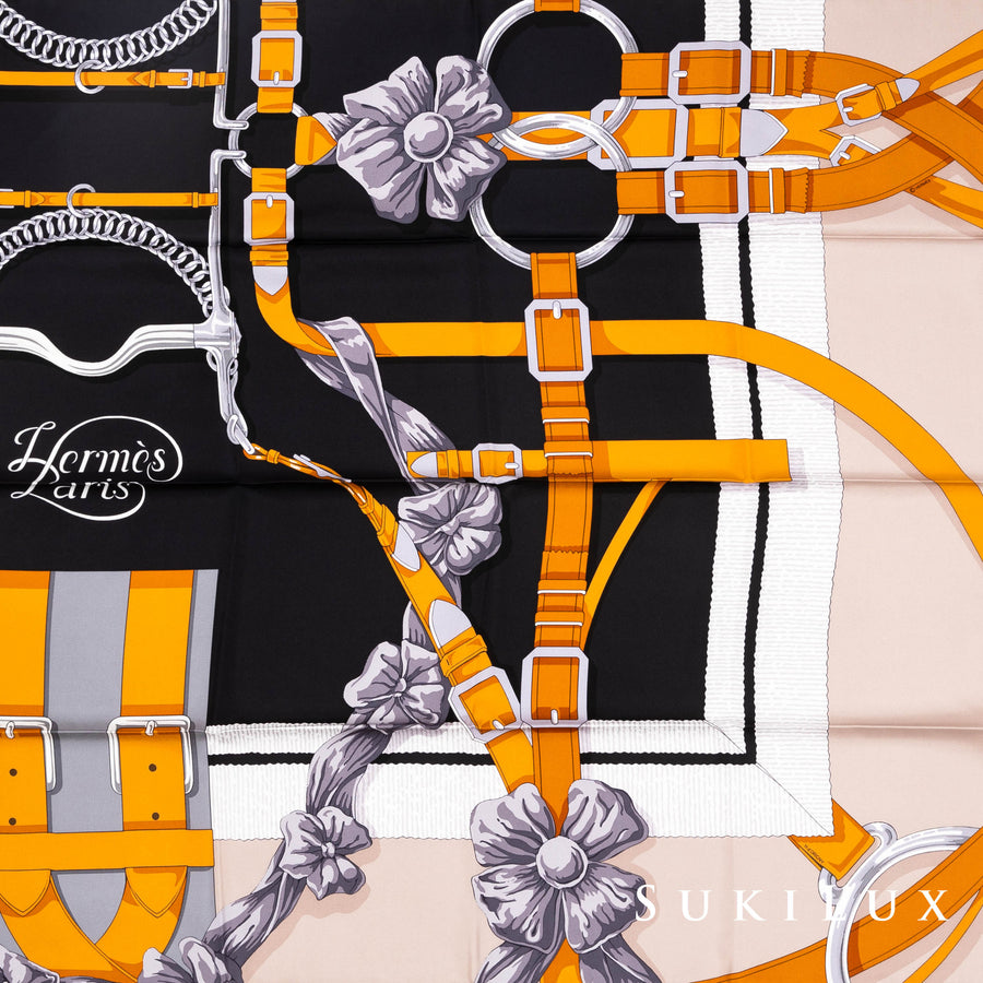 Hermès Carre Twill 90cm Silk Scarf Carre Twill Grand Manege Detail Fg/ Noir/ Etoupe/ Caramel