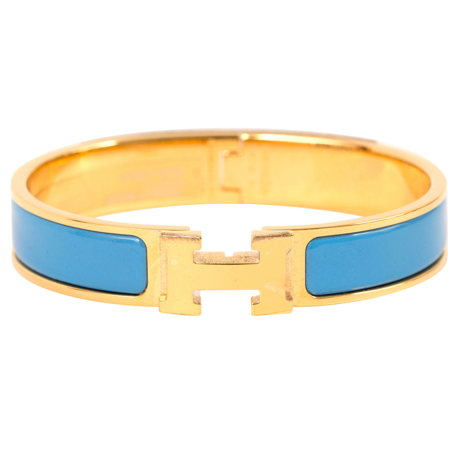 Hermès Clic Clac H Narrow Bleu Enamel Bracelet Gold Hardware