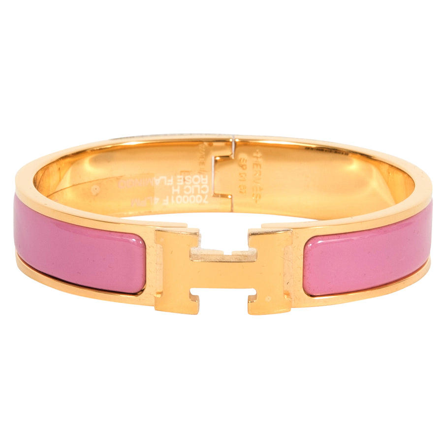 Hermès Clic Clac H Narrow Rose Flamingo Pink Enamel Bracelet Gold Hardware