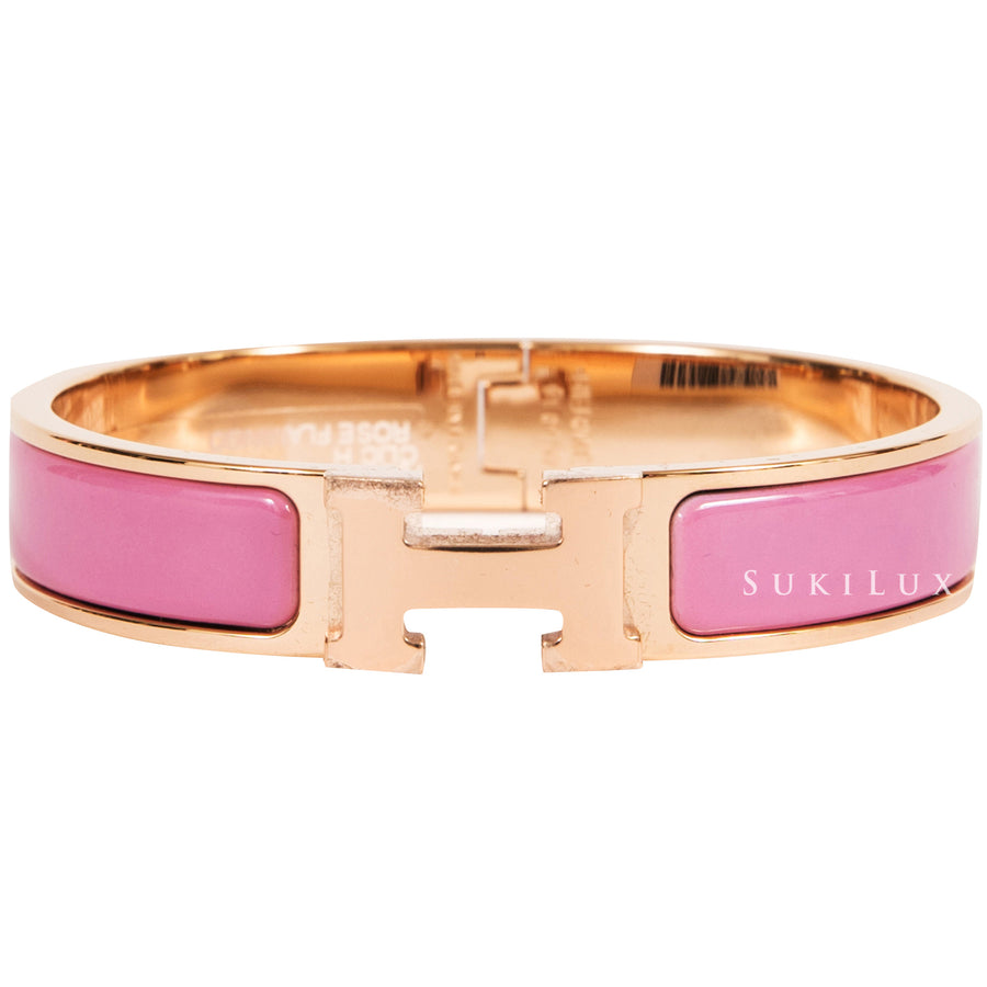 Hermès Clic Clac H Narrow Rose Flamingo Pink Enamel Bracelet Rose Gold Hardware