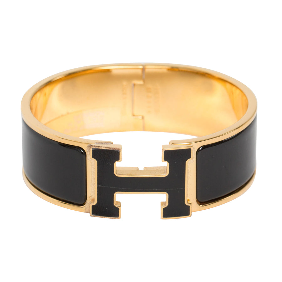 Hermès Clic Clac H Wide Noir Enamel Bracelet PM Gold Hardware