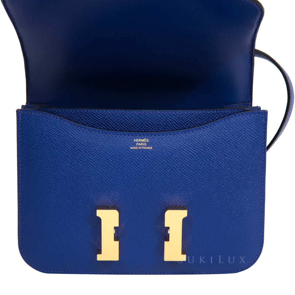 18cm Constance Bag Rouge H Epsom Leather with Blue Enamelled Hardware
