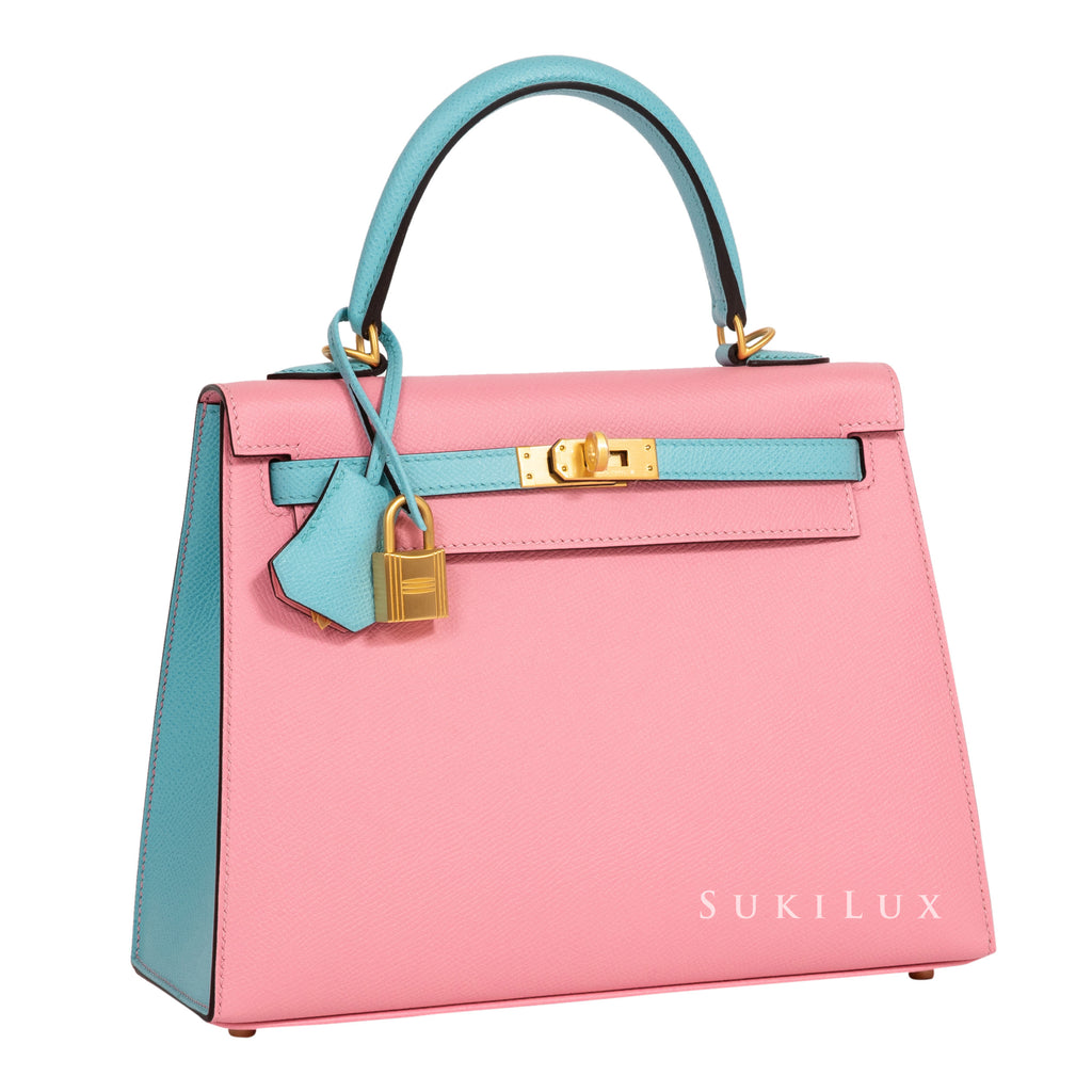 Hermès Kelly 25cm Sellier Veau Epsom 1Q Rose Confetti/ 3P Blue Atoll B –  SukiLux