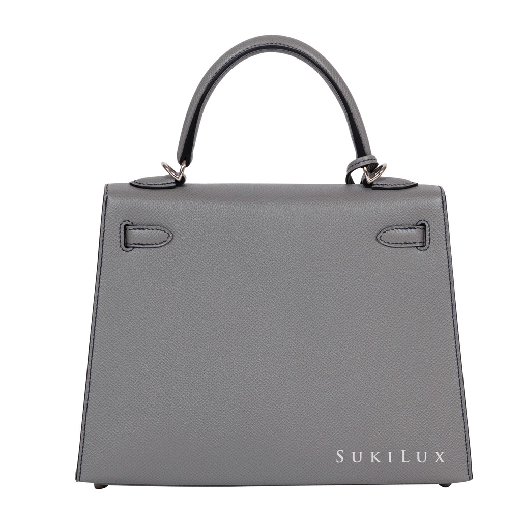 Hermès Kelly 25cm Sellier Veau Epsom 4Z Girs Mouette/ 2Z blue nuit Bi-color Platinum Hardware